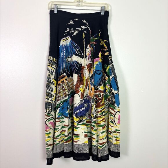 Ishyu Graphic Aztec Mayan Flared Flowy Maxi Skirt Sequins Volcano Women's Small - Picture 2 of 12